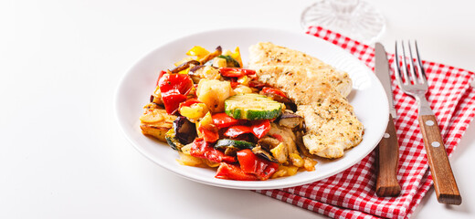 Grilled vegetables and fried chicken breast