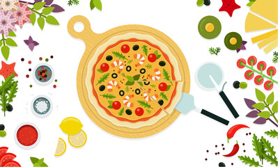 Fresh pizza seafood with shrimp, tomatoes, cheese, olives, lemon, basil. Vector flat illustration.
