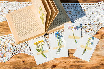 Fototapeta na wymiar Open vintage book, blue forget-me-not flowers , wooden table, cozy morning in village, sunny summer, holidays. An old book on batanics. The study of flowers forget-me-not daisy celandine daisy.