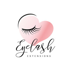 Eyelash extension logo with rose gold heart. Design for beauty salon, lashes and eyebrows artist