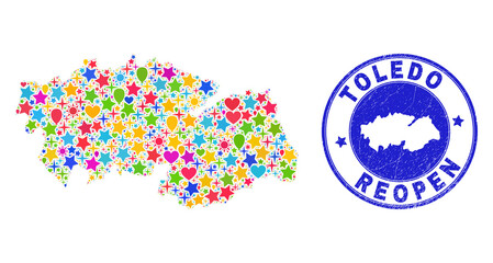 Celebrating Toledo Province map collage and reopening dirty watermark. Vector collage Toledo Province map is constructed with scattered stars, hearts, balloons.