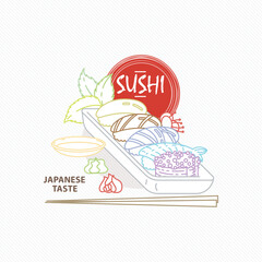 Sushi. Japanese food. Rolls with fish and caviar on eco plate, chopsticks, ginger and soy sauce. Delicious art for restaurant and bar menu, booklets or prints