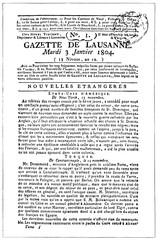 Fototapeta premium Swiss newspaper Gazette de Lausanne, first issue of January 1804. Illustration of the 19th century. White background.