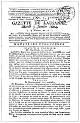 Swiss newspaper Gazette de Lausanne, first issue of January 1804. Illustration of the 19th century. White background.