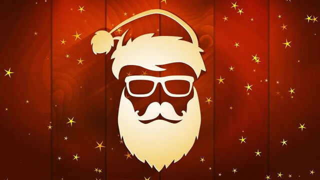 hipster santa claus claus face wear eyeglasses sparkling with mid key illumination over digital wooden scene