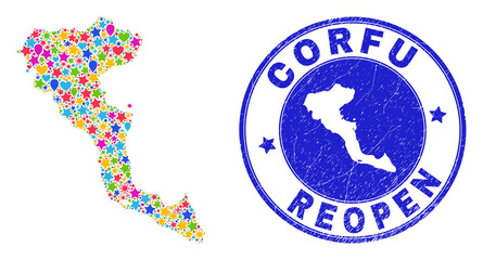 Celebrating Corfu Island map collage and reopening rubber stamp seal. Vector collage Corfu Island map is formed with randomized stars, hearts, balloons.