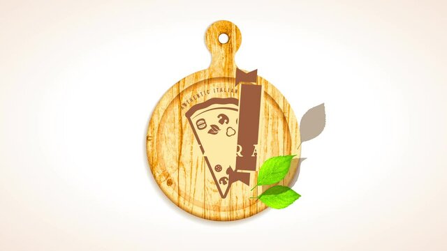 authentic italian flavour pizzeria ad with graphic of pizza slice on wooden rounded board with realistic leaves