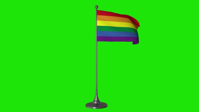 LGBT small flag fluttering on a flagpole. Green screen background, 4K