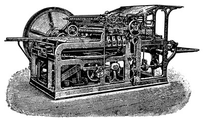 High-speed press with circular motion by Koenig & Bauer, 1896. Illustration of the 19th century. White background.