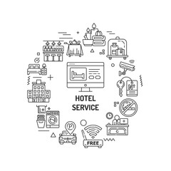 Fototapeta na wymiar Hotel service web banner. Amenities for for guests. Hotel resort. Reservation apartament. Infographics with linear icons on white background. Creative idea concept Isolated outline black illustration