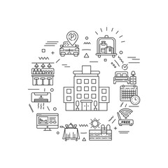 Hotel service web banner. Amenities for for guests. Hotel resort. Reservation apartament. Infographics with linear icons on white background. Creative idea concept Isolated outline black illustration.