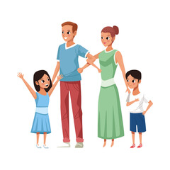 young parents with little son and daughter characters