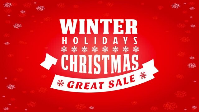 winter holidays sale advertisement with big lettering of different styles over brilliant red background with snowflakes frame