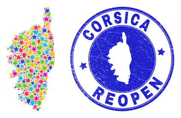 Celebrating Corsica map mosaic and reopening corroded seal. Vector mosaic Corsica map is constructed with random stars, hearts, balloons. Rounded awry blue seal with corroded rubber texture.