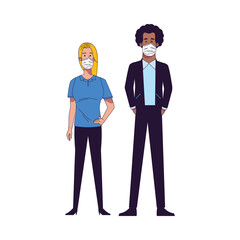 interracial couple wearing medical masks characters