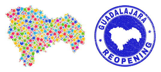 Celebrating Guadalajara Province map collage and reopening scratched stamp. Vector collage Guadalajara Province map is formed with random stars, hearts, balloons.