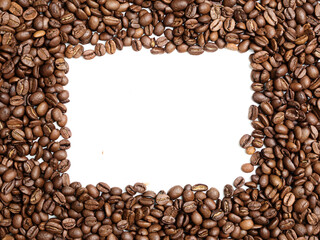 Flat lay photo of coffe beans pile with rectangular white empty space in the middle