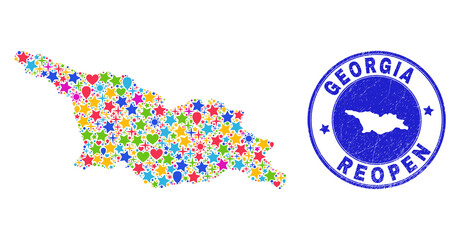 Celebrating Georgia map mosaic and reopening grunge seal. Vector mosaic Georgia map is constructed of random stars, hearts, balloons. Rounded rough blue stamp imprint with grunge rubber texture.