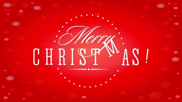 merry christmas elegant sign with calligraphy inside rounded dotted border over red background with snowflake texture