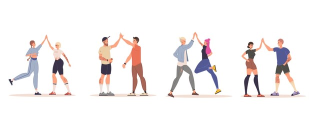 Happy positive people giving high five isolated set. Cheerful smiling casual young man woman friends making informal greeting. Happiness joy expression in agreement. Communication, friendship relation