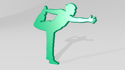 DOING YOGA made by 3D illustration of a shiny metallic sculpture on a wall with light background