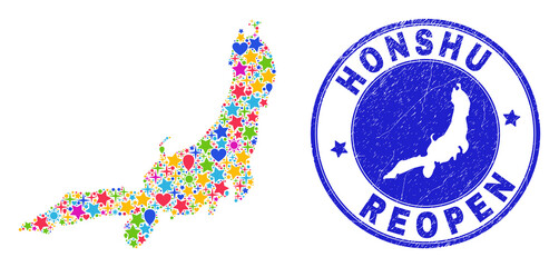 Celebrating Honshu Island map collage and reopening grunge stamp seal. Vector collage Honshu Island map is organized from scattered stars, hearts, balloons.
