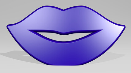 lips from a perspective on the wall. A thick sculpture made of metallic materials of 3D rendering