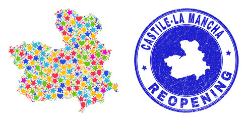 Celebrating Castile-La Mancha Province map mosaic and reopening grunge watermark. Vector mosaic Castile-La Mancha Province map is designed with scattered stars, hearts, balloons.