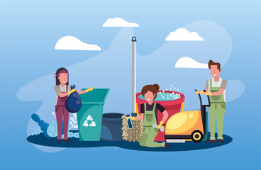 people working with housekeeping tools disinfect your house