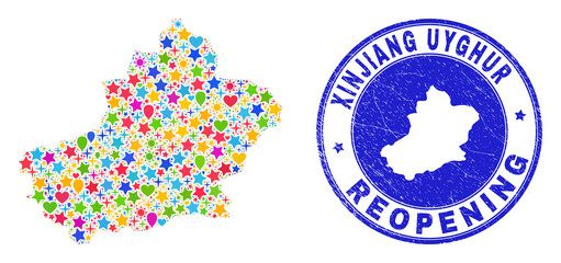 Celebrating Xinjiang Uyghur Region map collage and reopening corroded stamp seal. Vector collage Xinjiang Uyghur Region map is constructed from scattered stars, hearts, balloons.