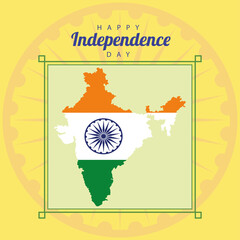 india happy independence day celebration card with flag in map