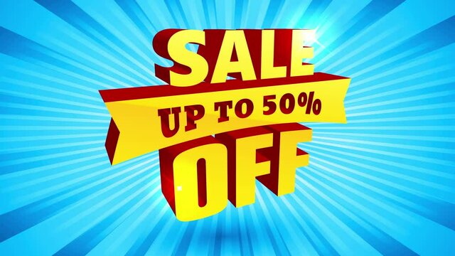 sale discount offer promo with bright 3d letters over blue radial rays background suggesting high quality products