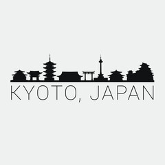 Naklejka premium Kyoto Japan. The Skyline in Silhouette of City. Black Design Vector. The Famous and Tourist Monuments. The Buildings Tour in Landmark.