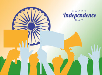 india happy independence day celebration card with hands up people