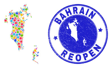 Celebrating Bahrain map mosaic and reopening unclean stamp seal. Vector mosaic Bahrain map is organized with random stars, hearts, balloons. Rounded crooked blue seal with scratched rubber texture.