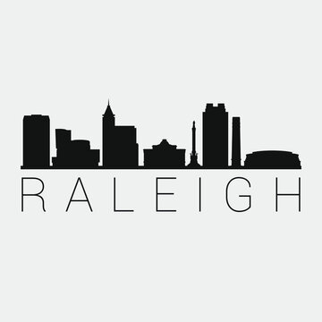 Raleigh North Carolina. The Skyline in Silhouette of City. Black Design Vector. The Famous and Tourist Monuments. The Buildings Tour in Landmark.