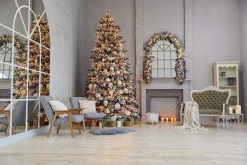 Festive room interior with stylish furniture and beautiful Christmas tree