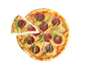 Tasty pepperoni pizza with arugula isolated on white, top view