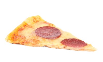 Slice of tasty pepperoni pizza isolated on white