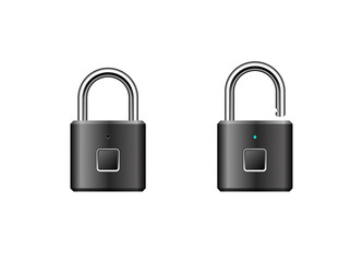 Fingerprint padlock vector illustration. Keyless USB rechargeable smart padlock design. Intelligent security lock. 3D looking EPS 10 vector design. Locked and unlocked modes with LED indicator.