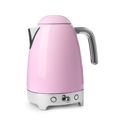 Modern pink electric kettle with base isolated on white