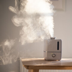 Close up of aroma oil diffuser on the table at home, steam from the air humidifier. Ultrasonic...