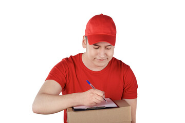 Closeup of delivery guy signs for delivery holding a cardboard box in his hands