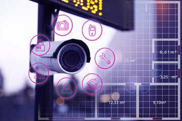 Modern CCTV security camera on street and icons