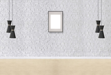 white brick wall modern lamp textured wood laminate flooring, empty space