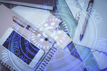 Multi exposure of technology theme drawing over work table desktop. Top view. Global data analysis concept.