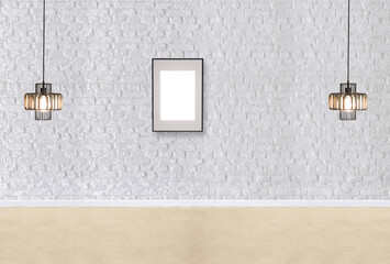 white brick wall modern lamp textured wood laminate flooring, empty space