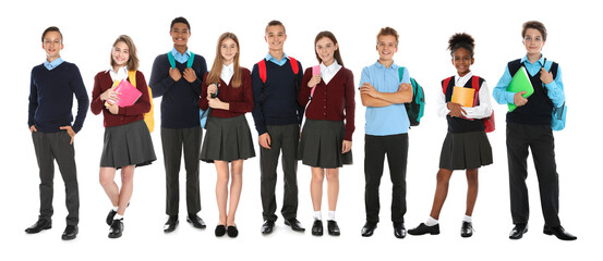 Children in school uniforms on white background. Banner design