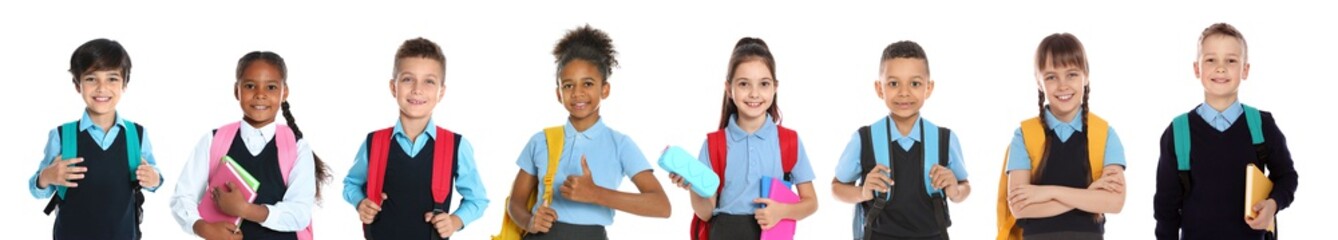 Children in school uniforms on white background. Banner design - obrazy, fototapety, plakaty