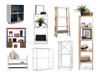 Set with wooden shelving units and different items on white background © New Africa